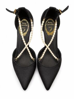 🚩steal Rene Caovilla Black Satin Pointed-Toe Pumps with Pearl Crossover Straps